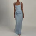 Elegantes hellblaues ärmelloses Abendkleid mit Korsett-Oberteil und drapiertem Rock. - XS / Hellblau