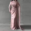 Elegante vestido largo de satén rosa con drapeado asimétrico y longitud al suelo para fiestas - Rosa