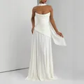 Elegant white strapless maxi dress with draped bodice and matching neck streamer detail - XS / Top And Bottom / White