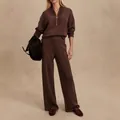 Elegant brown knitted two-piece set featuring half-zip sweater and wide-leg trousers - XS / Top And Bottom / Dark Brown
