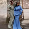 Elegant three-piece long sleeve maxi skirt set for women in sage green and sky blue colors - XS / Top And Bottom / Blue