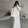 Women's chic white vertical striped long-sleeved shirt and matching long skirt set - XS / Top And Bottom / White