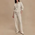 Full view of elegant cream knit lounge set with zipper pullover and wide-leg pants - XS / Top And Bottom / White