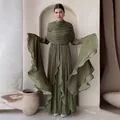 Elegant olive green pleated maxi dress featuring dramatic ruffled sleeves and high neck. - Green