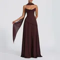 Elegant dark brown strapless evening gown with draped neckline and matching long scarf. - XS / Top And Bottom / Dark Brown