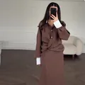 Elegant brown striped long-sleeve shirt and matching bodycon midi skirt two-piece set - XS / Top And Bottom / Tan