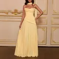Elegante vestido maxi palabra de honor amarillo pálido con cinta y lazo a la cintura - Amarillo