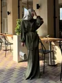 Conjunto de dos piezas verde oliva con top de manga larga con cinturón y falda larga - XS / Top Y Pantalón / Verde