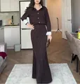 Elegant black and white striped long sleeve shirt and bodycon maxi skirt set for women - XS / Top And Bottom / Dark Brown