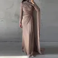 Elegante vestido de noche plisado de manga larga con detalles drapeados champán - Albaricoque