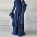 Elegant navy blue pleated maxi dress with ruffled flared sleeves and matching wrap - Blue