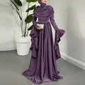 Elegant purple satin pleated floor-length evening dress with ruffled sleeves for women - Purple