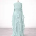 Elegant light blue chiffon maxi dress featuring ruffled tiers and long flared sleeves - Light Blue