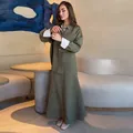 Elegant olive green striped long-sleeve shirt and matching maxi skirt set for women - Green