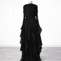 Elegant black long-sleeved pleated dress with tiered ruffles and floor-length hem. - Black