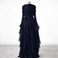 Elegant navy blue long sleeve pleated maxi dress with draped bodice and ruffled skirt. - Navy Blue