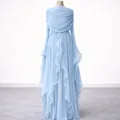 Elegant light blue pleated long-sleeve maxi dress with ruffled hem and slit sleeves - Sky Blue