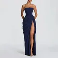 Elegant navy blue strapless evening gown with high leg slit and pleated draping detail - Navy Blue
