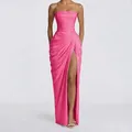 Elegant rose pink strapless ruched evening dress with high thigh slit for summer party - XS / Dresses / Deep Pink