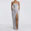 Elegant silver strapless ruched maxi dress with high slit in a shimmering satin finish. - XS / Dresses / Light Gray