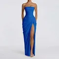 Elegant royal blue strapless pleated evening gown featuring a high leg slit detail - XS / Dresses / Blue