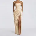 Elegant champagne strapless pleated slit maxi evening dress for formal occasions - XS / Dresses / Apricot