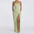 Elegant sage green strapless evening gown featuring high side slit and pleat detail - Light Green