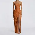 Elegant burnt orange strapless pleated maxi dress with a sexy high slit for summer - Caramel color