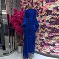 Elegante koningsblauwe geplooide maxi-jurk met lange pofmouwen en gedrapeerd silhouet. - XS / Dresses / Donkerblauw