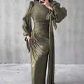 Elegante olijfgroene geplooide jurk met lange mouwen voor dames met een slanke pasvorm - XS / Dresses / Olijfgroen