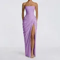 Elegant purple strapless evening gown featuring a draped waist and high leg slit design - Light Purple