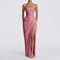 Elegant strapless pink ruched slit evening gown for gala events and wedding parties - Peach
