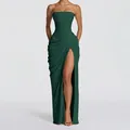 Elegant dark green strapless ruched maxi dress with high slit and draping details. - Dark Green