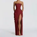 Elegant burgundy strapless evening gown featuring ruched waist and sexy high leg slit - Red