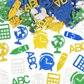 Macro detail of glitter back to school confetti featuring ABC letters and pencil shapes - Back to School Theme / 200 Pieces