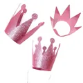 Detailed view of pink glitter party crowns with elastic bands for children's birthdays - 6 Pieces/Pack (Prince Style) / Pink