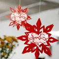 Close-up detail of 3D red paper snowflake ornaments with heart pattern design - Snowflake / 6pcs Set / Red