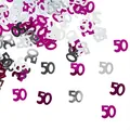 Detail shot of scattered 50th birthday number confetti in magenta and silver foils - 15g/Pack / Rose Red Silver