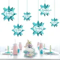 Six teal 3D paper snowflake ornaments hanging above a decorated party dining table - Snowflake / 6pcs Set / Light Blue