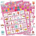 Detail van kleurrijke verjaardagsbingokaarten met feestelijke illustraties voor kinderfeestjes. - Multiplayer Roze Set / 19x13x1.5cm
