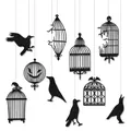 Set of black glitter crow and cage ornaments for Halloween party wall decorations. - Birdcage Crow Style / 10 Pieces Pack