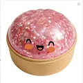 Giocattolo squishy baozi rosa glitterato con faccina sorridente e base a vapore - Stile Gelatina Rosa (Con Piroscafo)