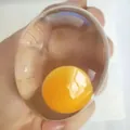 Close-up of a transparent egg squeeze toy with a yellow yolk for stress relief - Fried Egg