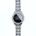 Detailed close-up of a luxury rhinestone-encrusted LED watch with silver steel link band. - White / Silver