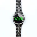 Elegant black metallic LED digital watch for women featuring a sparkling rhinestone bezel - Green Light / Black