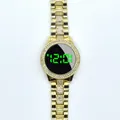 Elegant gold-tone LED watch for women featuring rhinestone bezel and link bracelet - Green Light / Gold