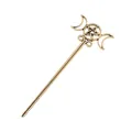 Detailed macro view of a vintage bronze alloy hair stick with moon and pentagram motifs - Gold