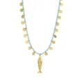 Detailed view of handmade natural stone necklace with golden fish and disk charms - Light Blue-Green Beaded Fish Style (N1205)