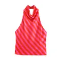 Detailed view of pink and orange striped satin halter neck top with cowl neckline. - XS / Tops / Red Stripe