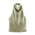 Elegant sage green satin halter neck top with cowl neck and a soft silky texture - XS / Tops / Light Green